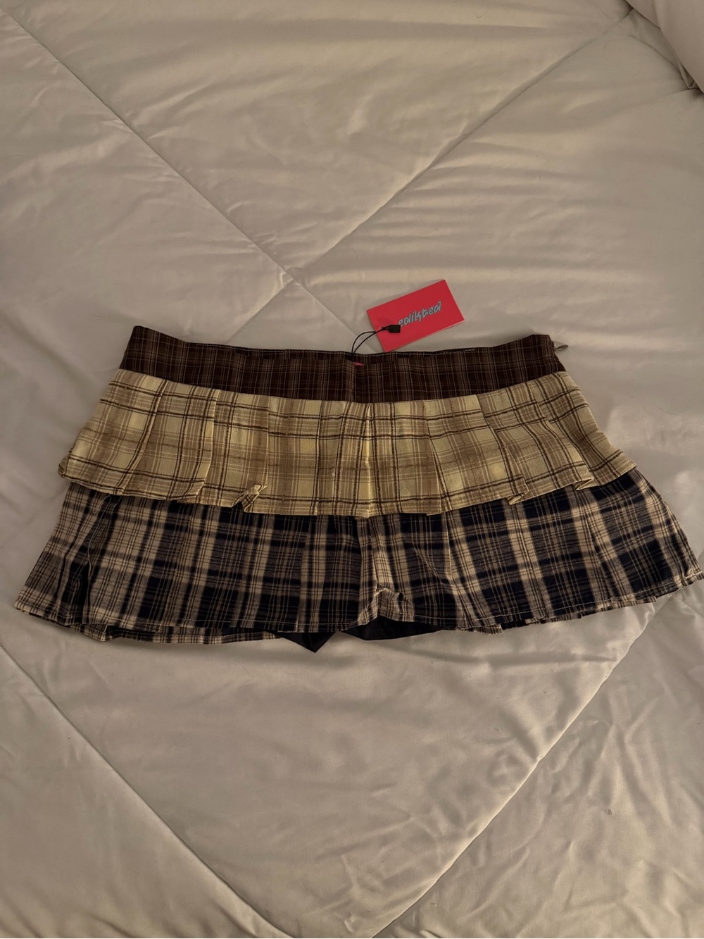 Edikted Multi-Plaid Tiered Mini Skort - Beige & Yellow